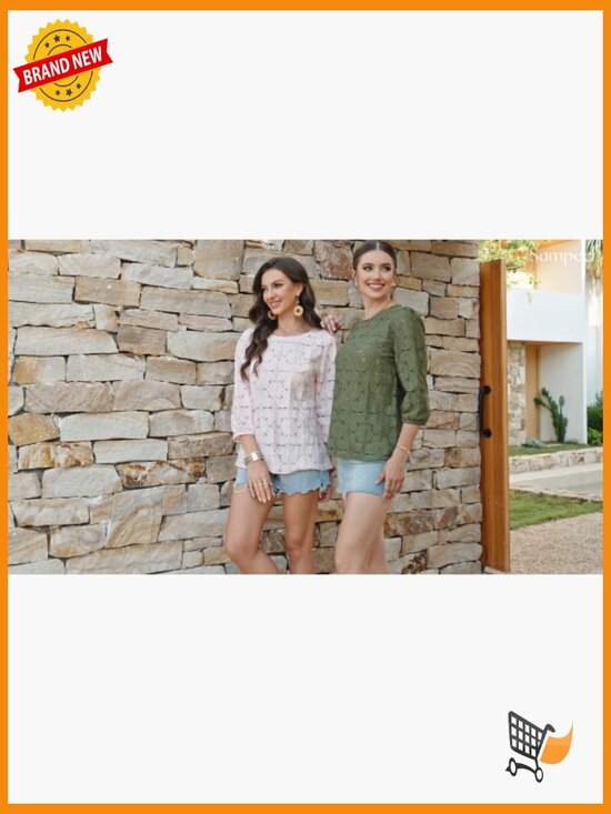 Eyelet Lace 3/4 Sleeve Peasant Top, Lightweight Blouse for Spring Summer - Picture 7 of 7